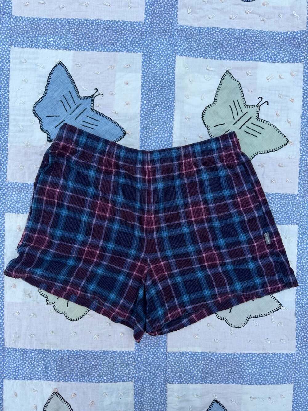 Eddie Bauer Sleepwear Women's Medium Blue Plaid Waffle Fleece Pajama Shorts